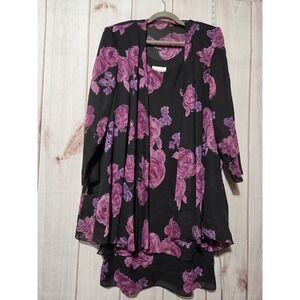 SL Fashions Black Floral Rose Kimono Duster 2 PC Set Size 18